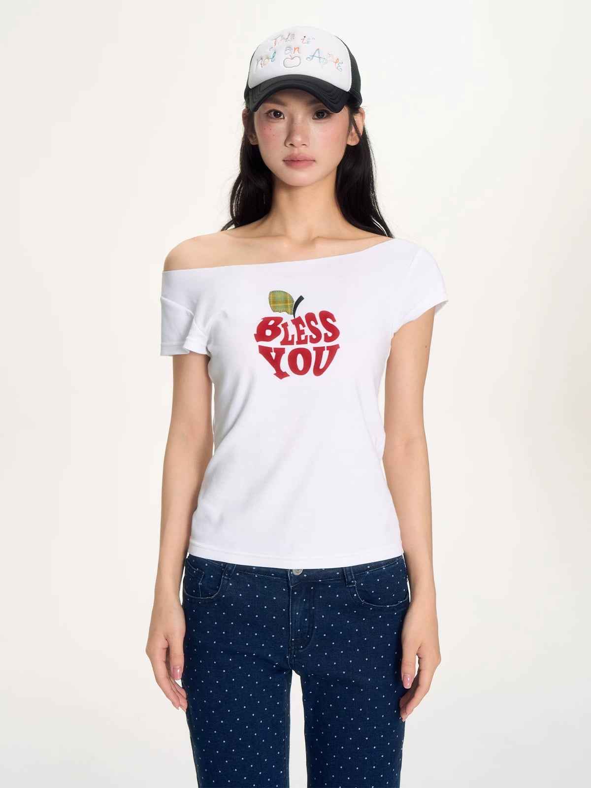 [NECYSTUDIO] bless you apple short-sleeved off shoulder shirt