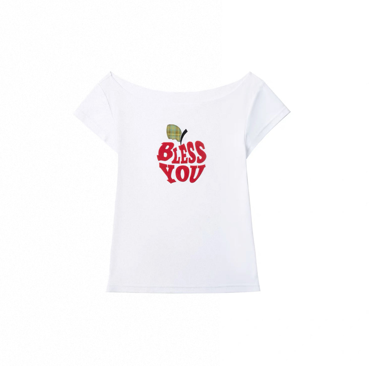 [NECYSTUDIO] bless you apple short-sleeved off shoulder shirt