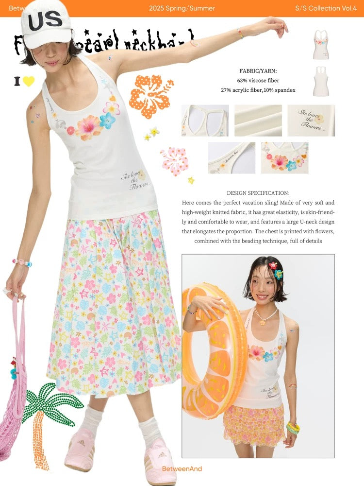 [BETWEENAND] flower pearl neckband top
