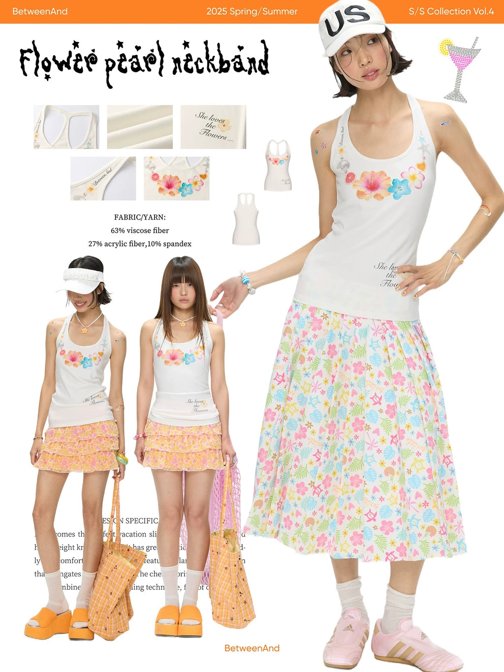 [BETWEENAND] flower pearl neckband top