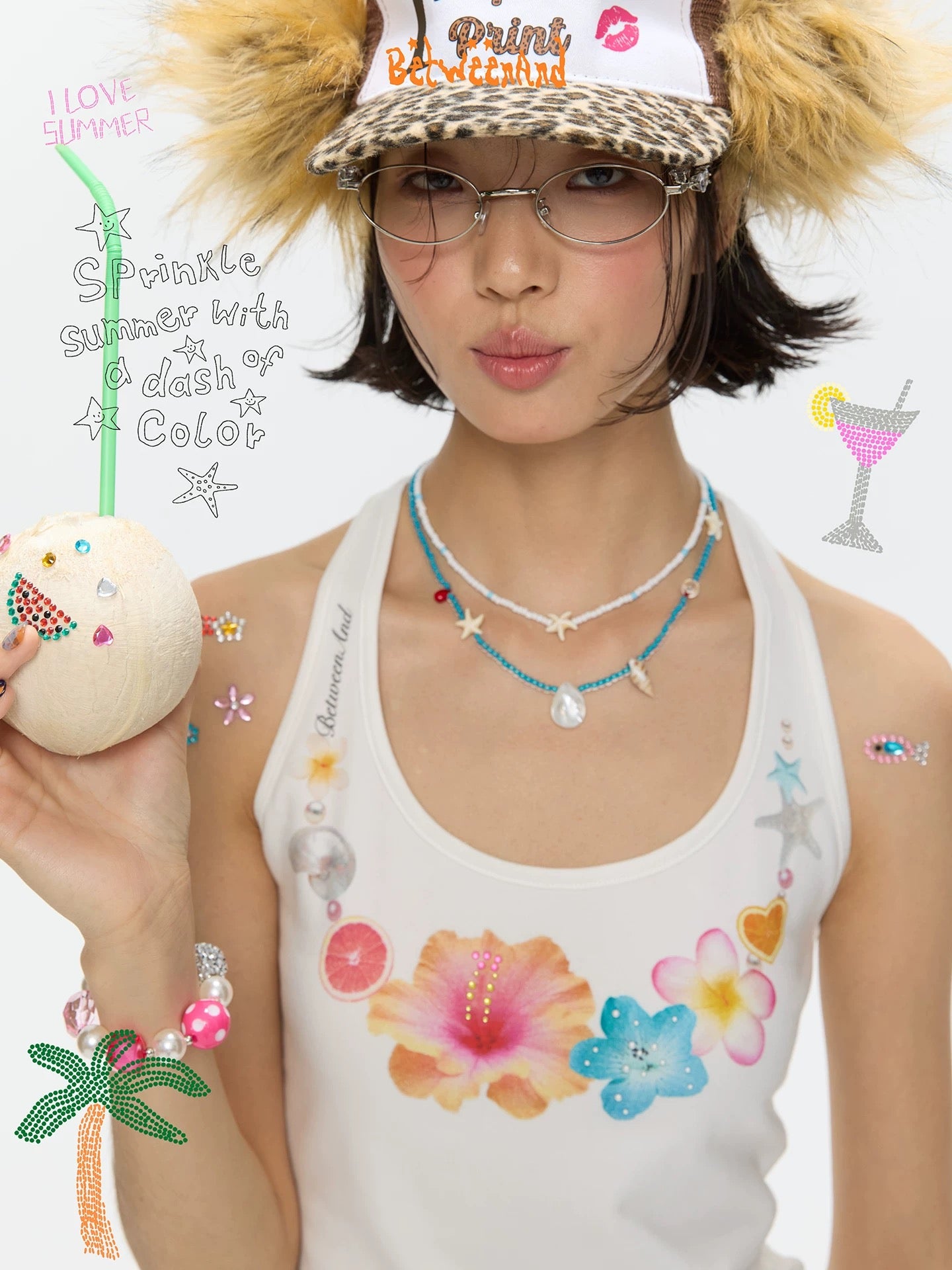 [BETWEENAND] flower pearl neckband top