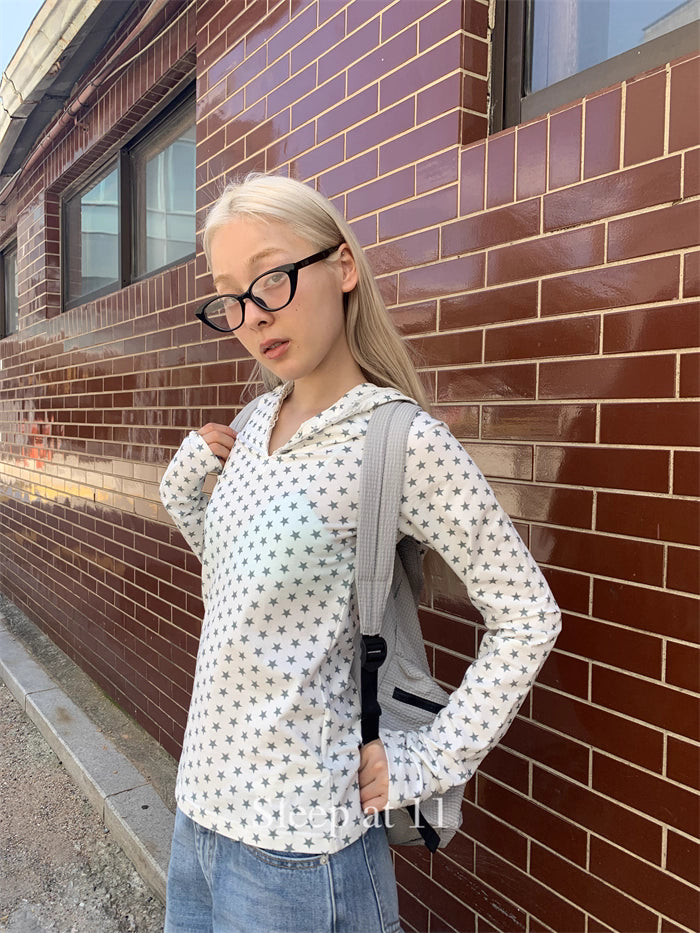 [SOF SELECT] polka star ribbon hooded long sleeve top