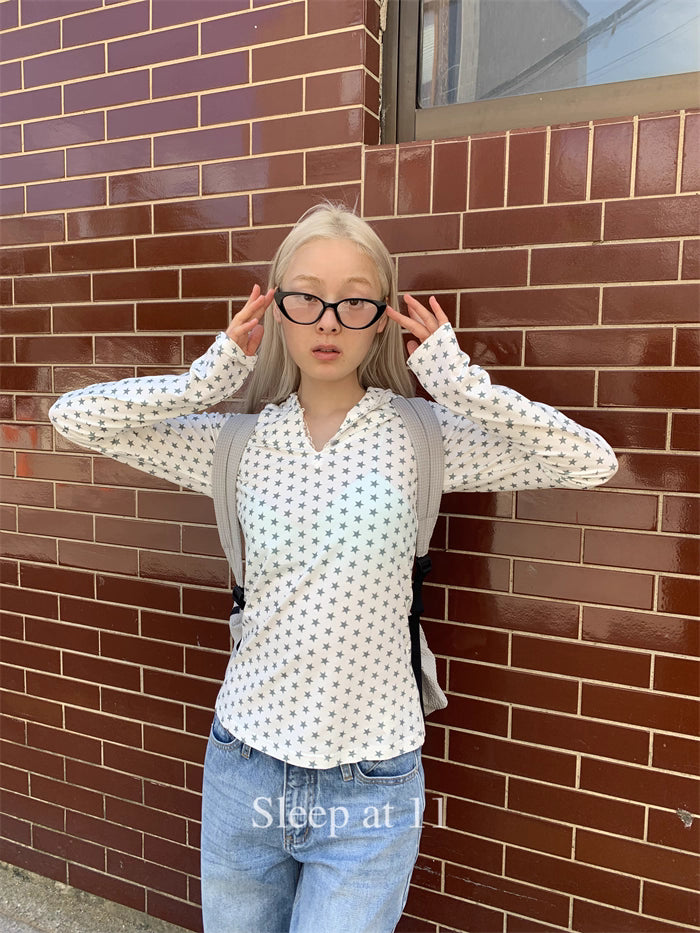 [SOF SELECT] polka star ribbon hooded long sleeve top