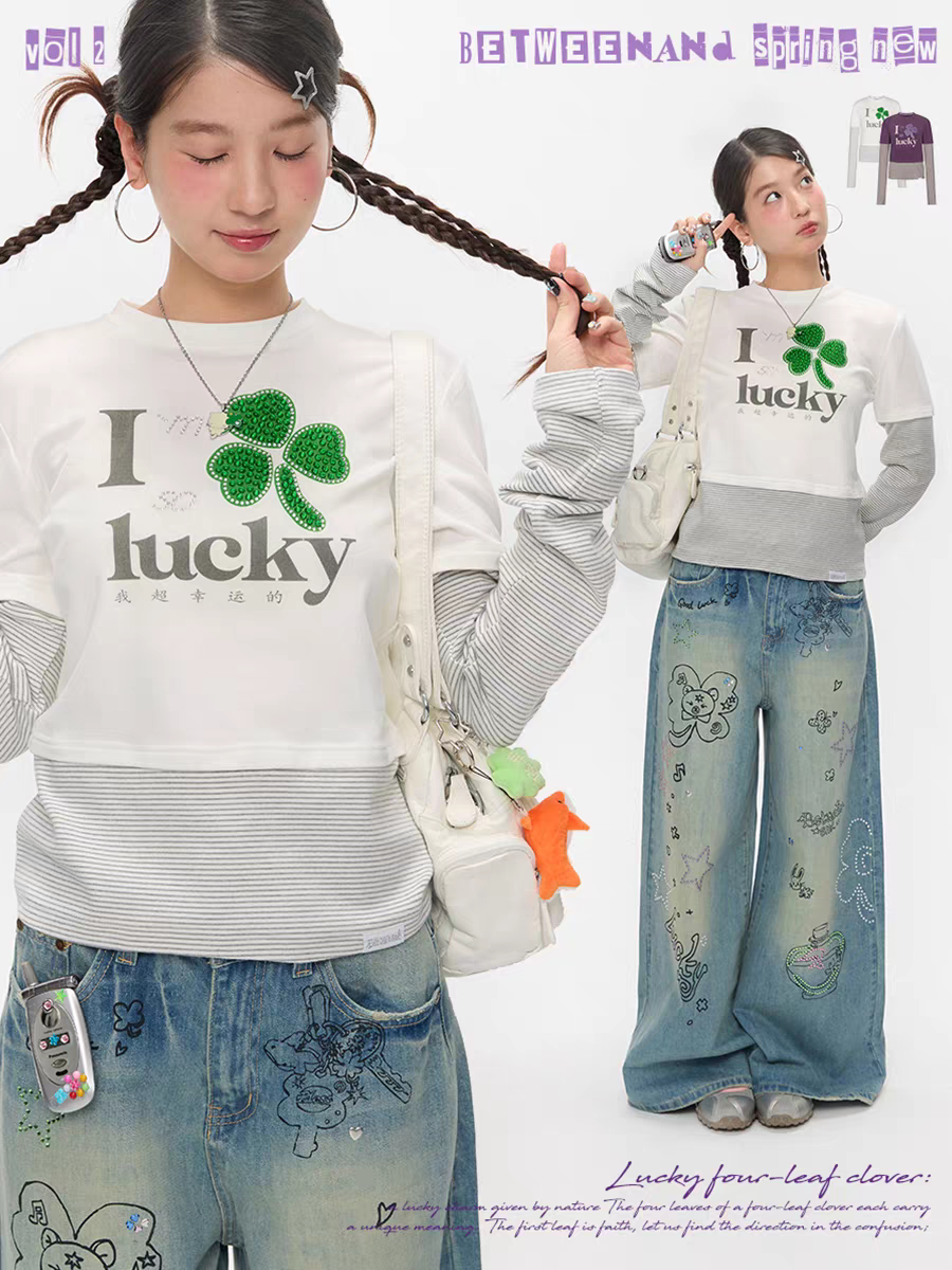 [BETWEENAND] i'm so lucky fake-two piece long sleeve top