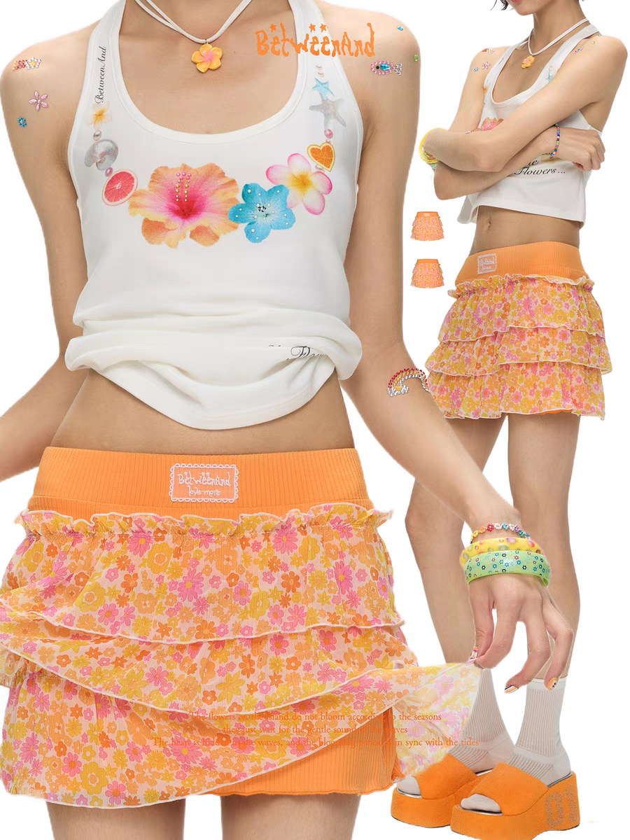 [BETWEENAND] orange chiffon cake dress layer mini skirt
