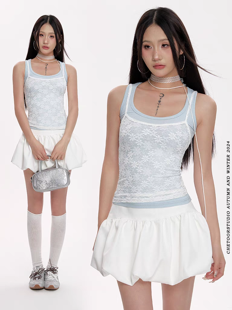 [CHETOOR] double lace tank top