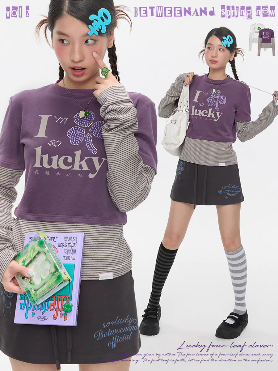 [BETWEENAND] i'm so lucky fake-two piece long sleeve top