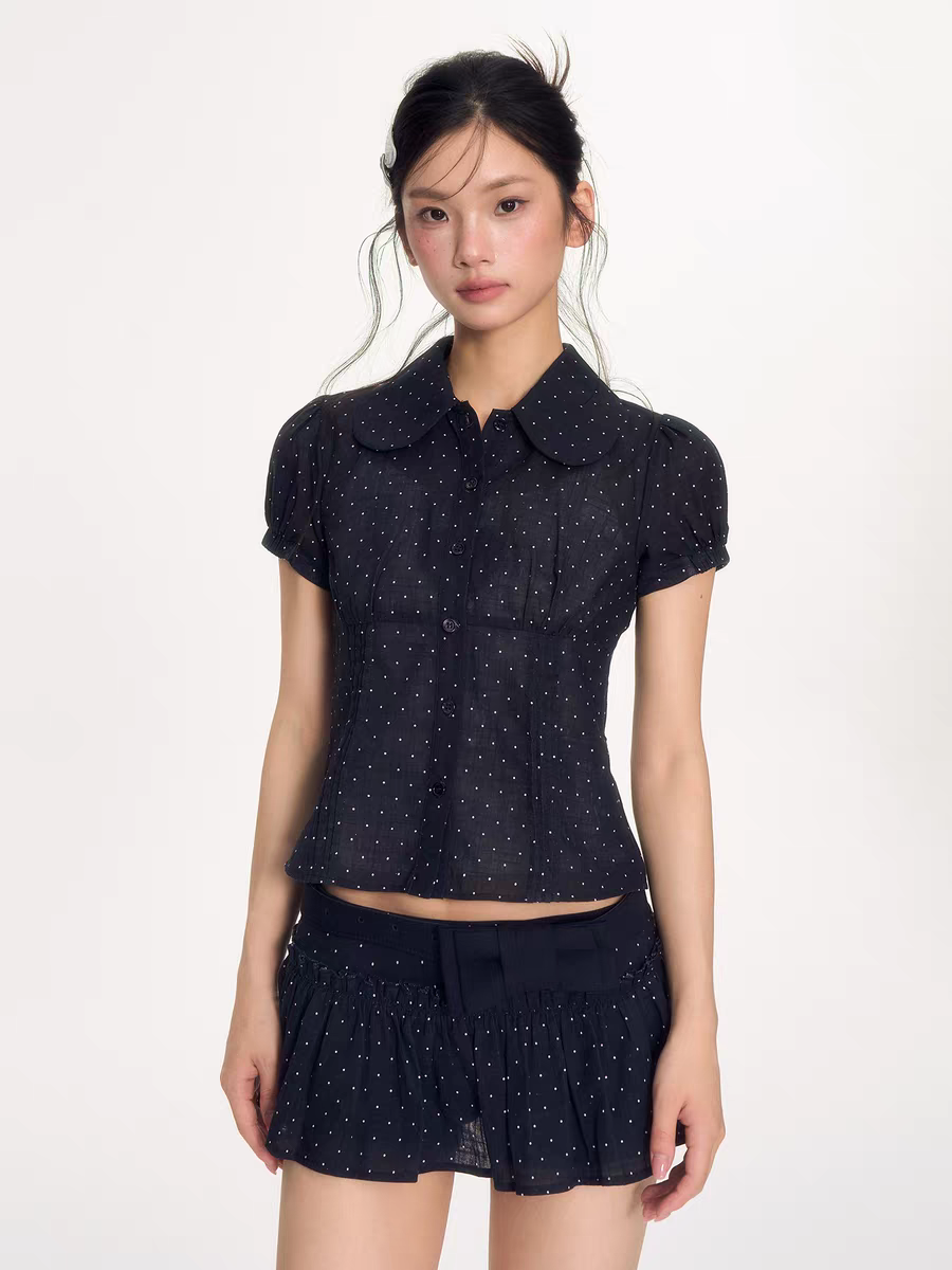 [NECYSTUDIO] polka dot puff sleeve shirt, tank top, short, skirt