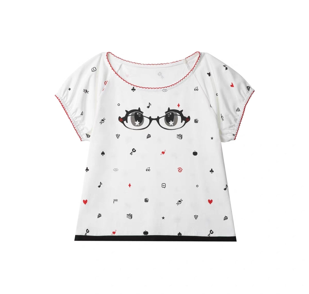 [NECYSTUDIO] mimora glasses short-sleeved shirt