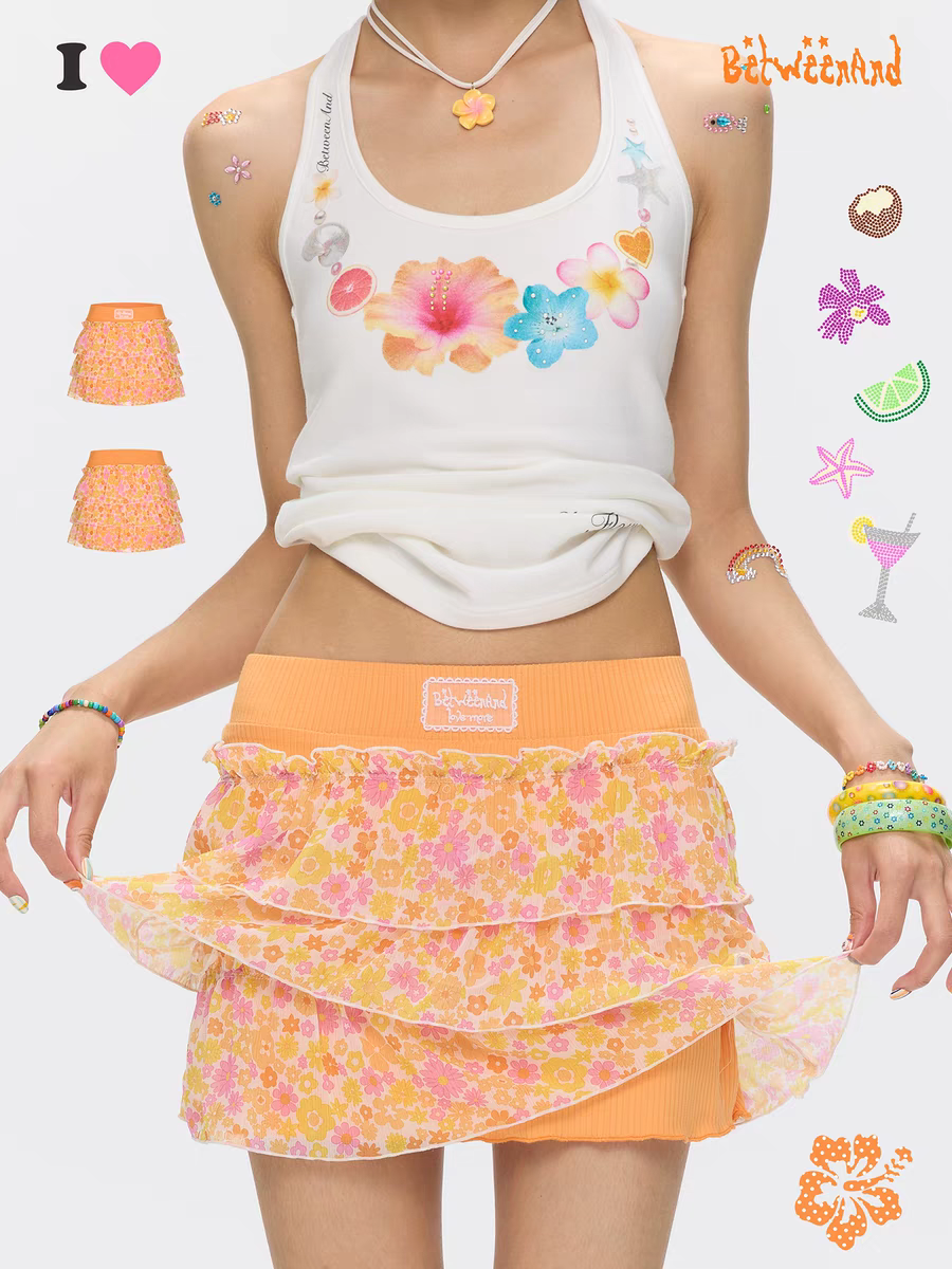 [BETWEENAND] orange chiffon cake dress layer mini skirt