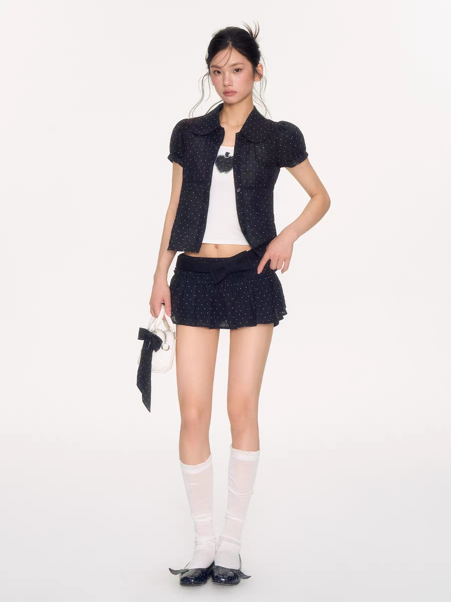 [NECYSTUDIO] polka dot puff sleeve shirt, tank top, short, skirt