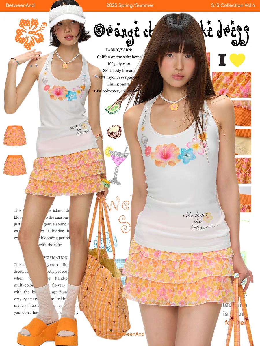 [BETWEENAND] orange chiffon cake dress layer mini skirt