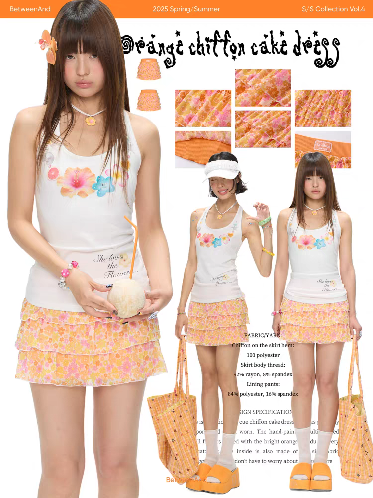 [BETWEENAND] orange chiffon cake dress layer mini skirt