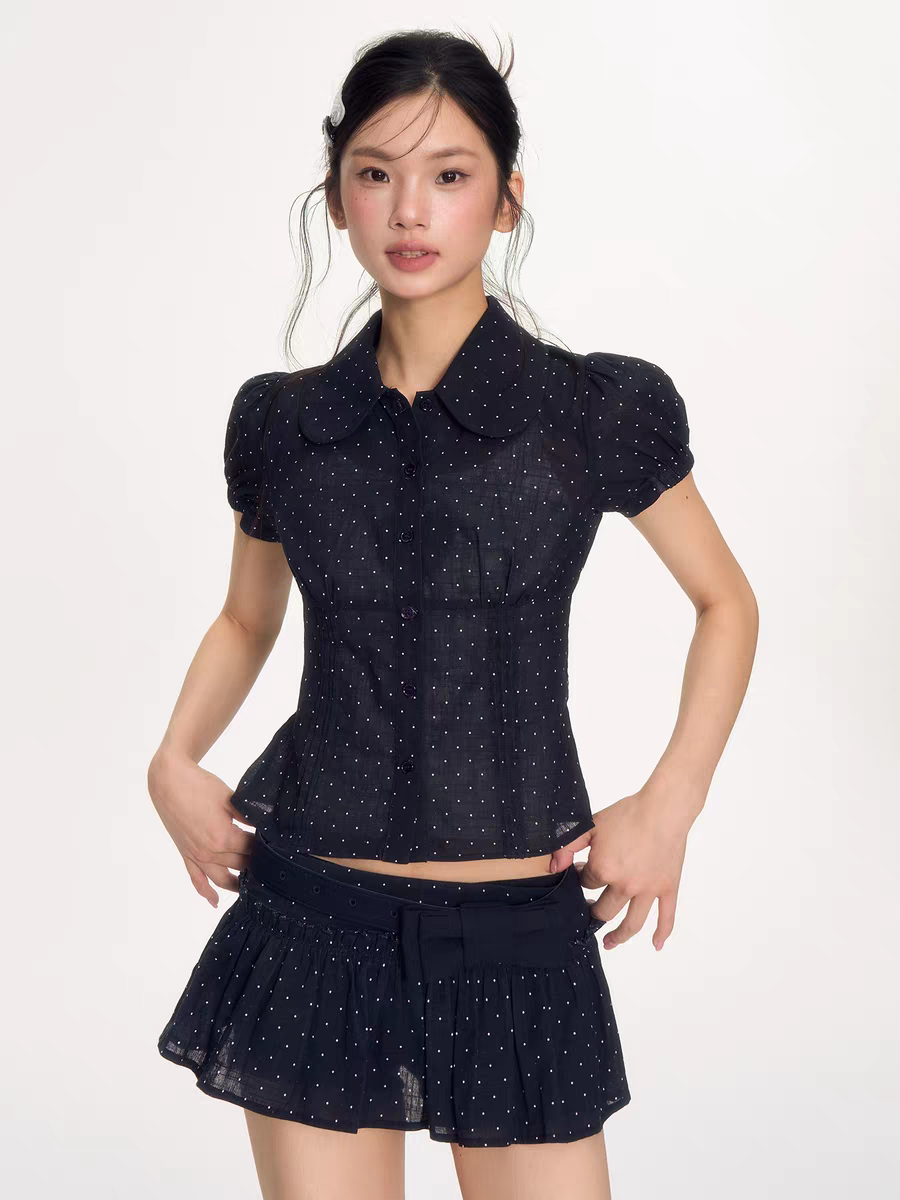 [NECYSTUDIO] polka dot puff sleeve shirt, tank top, short, skirt