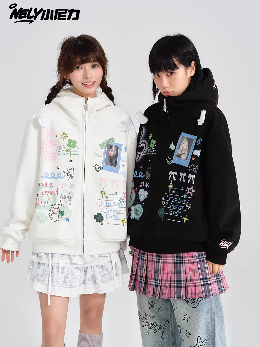 [NELY] angel wings hoodie zip-up jacket with pvc photocard pocket