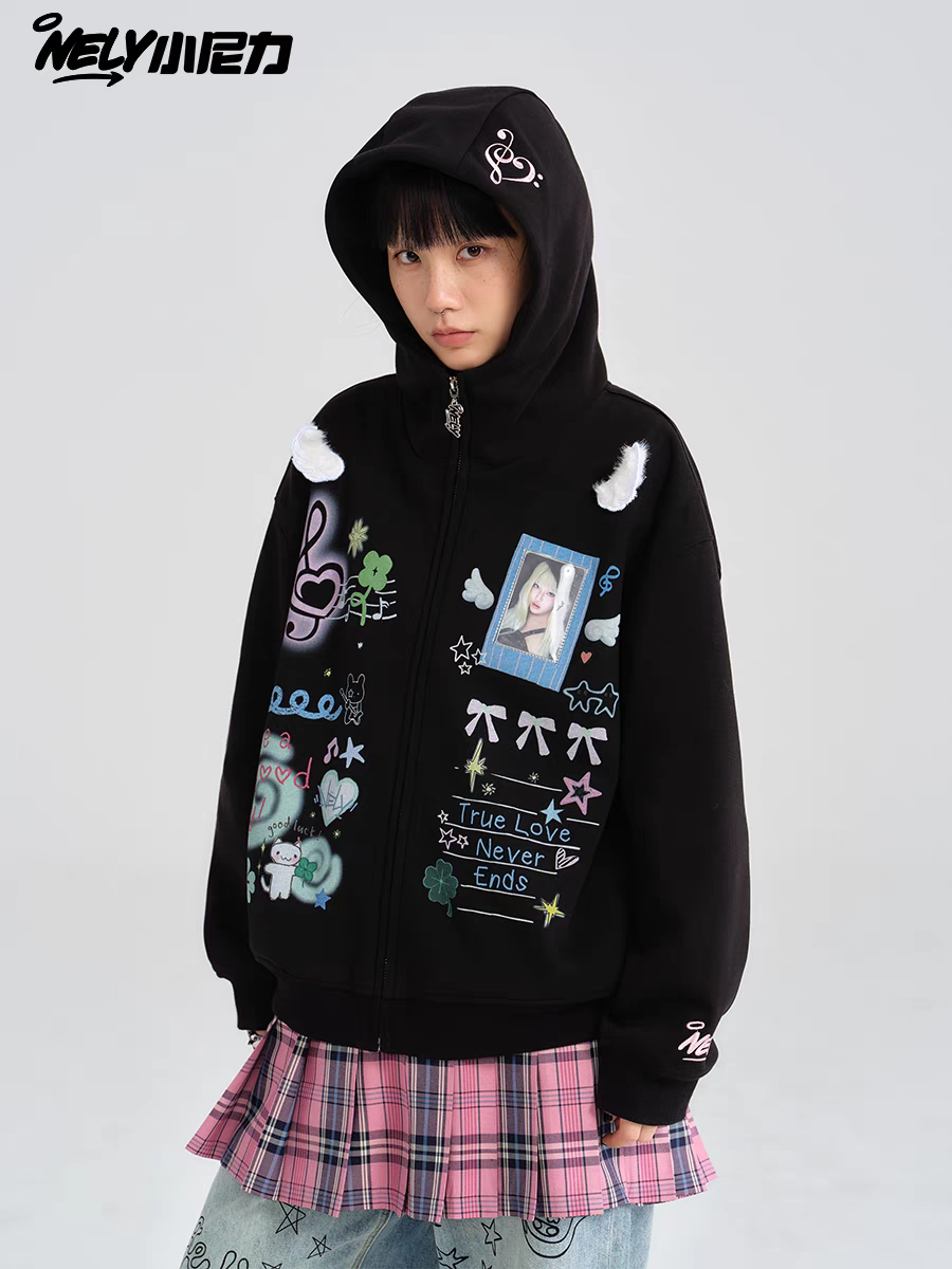 [NELY] angel wings hoodie zip-up jacket with pvc photocard pocket
